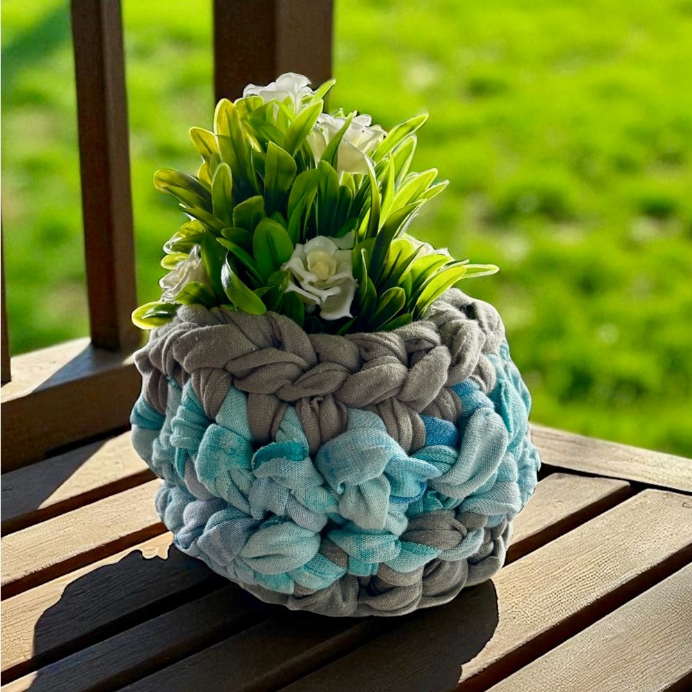 Handcrafted Gray and Blue Crochet Planter - Picture 2 of 2